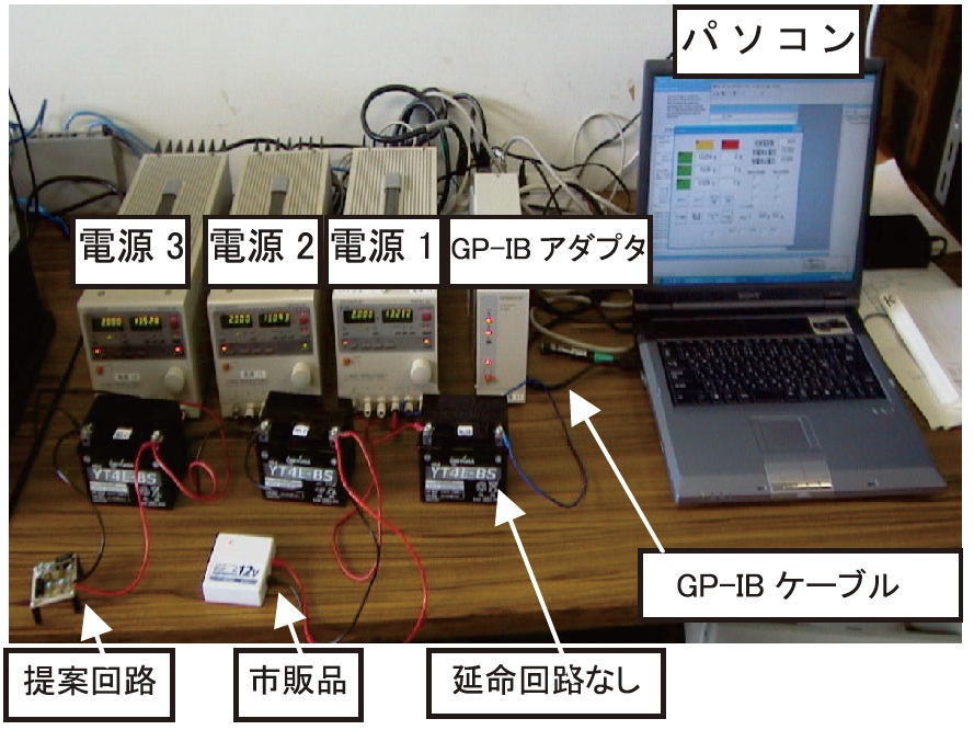開発中のバッテリー延命回路と その評価試験システムの外観
